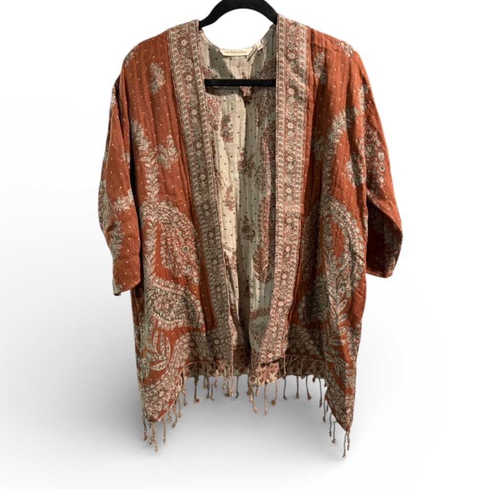 Soft Surroundings Rust Orange Boho Floral Fringe‎ Kimono Cardigan- Size PS/PM